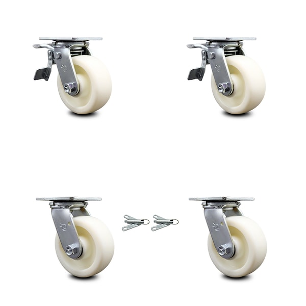 5 Inch Nylon Caster Set with Roller Bearings 2 Brakes 2 Swivel Locks SCC